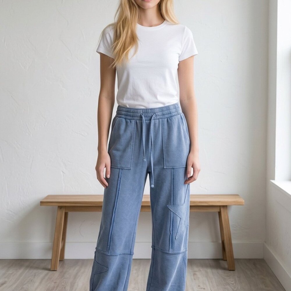 SAGE + FIG Mineral Washed Denim Cropped High Waisted Star Pants - Large NEW